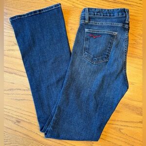 Kimes Ranch Women's Dark Blue Boot Cut Jeans with Red Back Pocket Detail